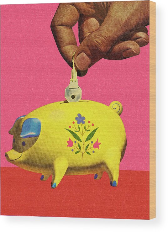 Animal Wood Print featuring the drawing Putting a Key in a Piggy Bank by CSA Images