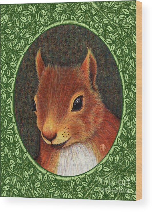 Animal Portrait Wood Print featuring the painting Red Squirrel Portrait - Green Border by Amy E Fraser