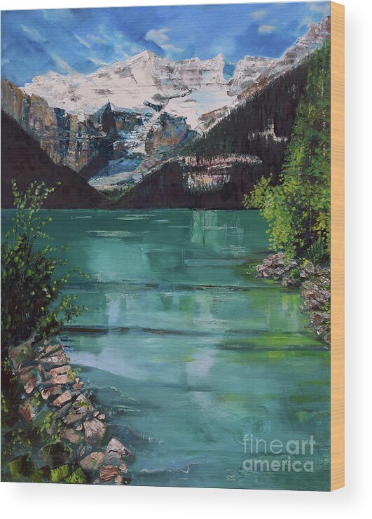 Lake Louise Wood Print featuring the painting Reflections at Lake Louise by Jan Dappen