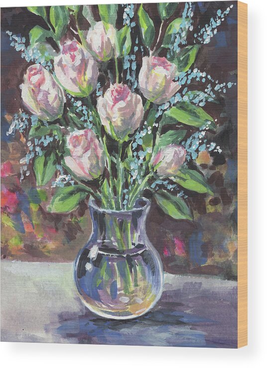 Rose Wood Print featuring the painting Roses Bouquet In Glass Vase Floral Impressionism by Irina Sztukowski