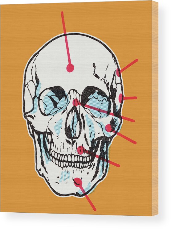 Anatomical Wood Print featuring the drawing Skull on Orange Background by CSA Images