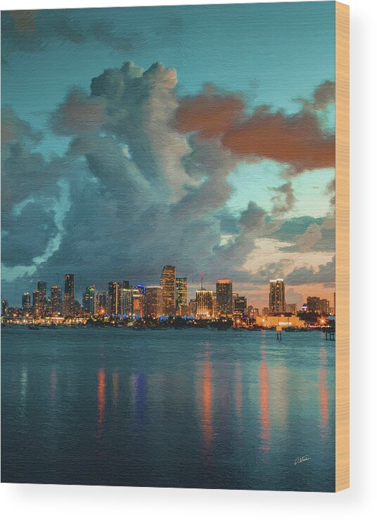 Landscape Wood Print featuring the painting Skyline Miami, USA by Dean Wittle