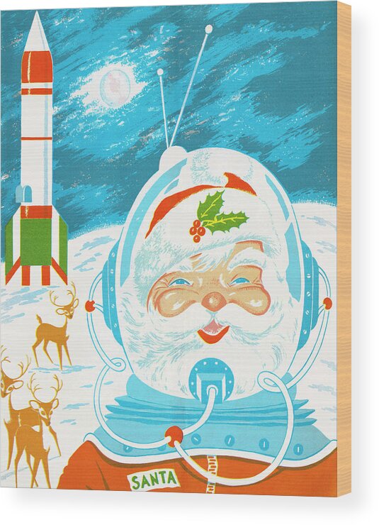 Adventure Wood Print featuring the drawing Space Santa and Reindeer on the Moon by CSA Images