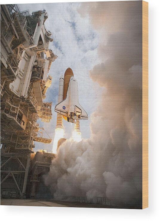 Science Wood Print featuring the painting Space Shuttle Atlantis STS-135 mission launched from Launch Pad by Celestial Images
