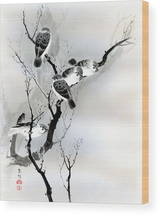 Sparrow Wood Print featuring the painting Sparrows by Puri-sen