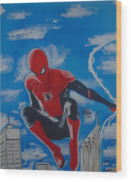 Marvel Wood Print featuring the painting Spidey Swinging by Antonio Moore