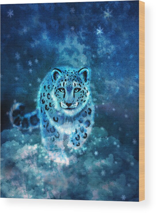 Snow Leopard Wood Print featuring the digital art Spirit Snow Leopard in Mystical Twilight Sky by Laura Ostrowski