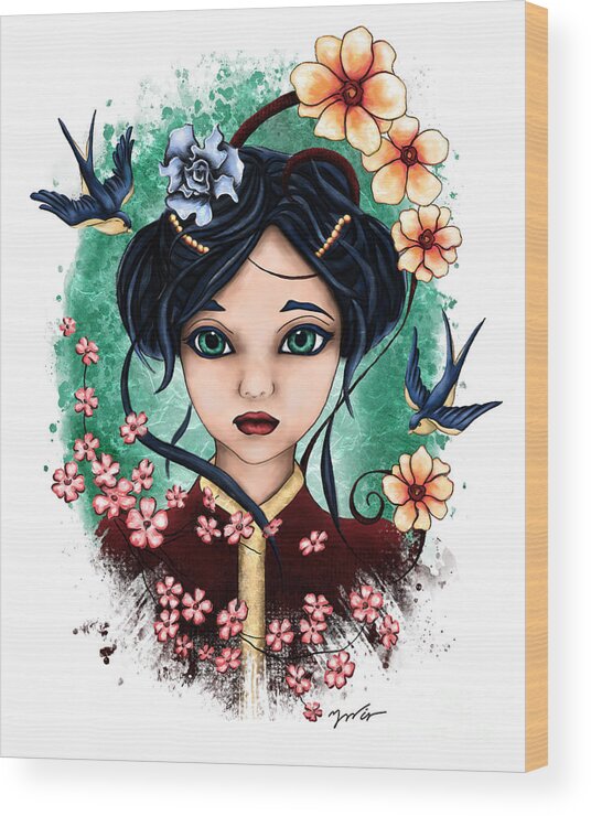 Spring Wood Print featuring the digital art Semi-realistic girl portrait, spring geisha by Nadia CHEVREL