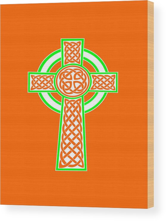 Celtic Cross Wood Print featuring the digital art St Patrick's Day Celtic Cross White and Green by Taiche Acrylic Art