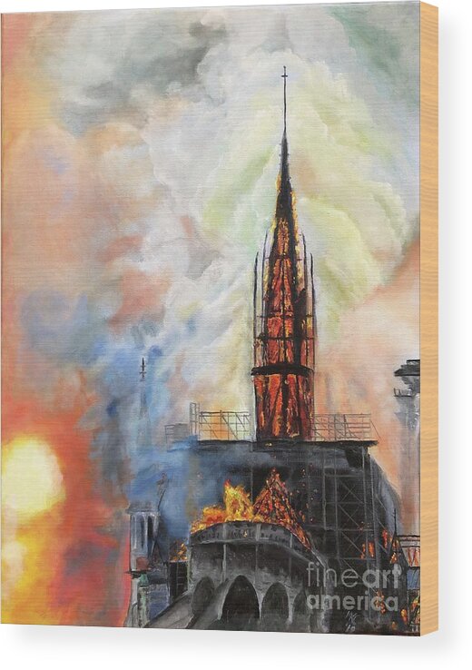 Notre Dame Wood Print featuring the painting Sunset on Notre Dame by Kate Conaboy