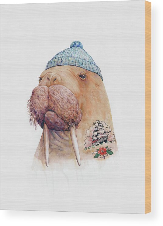 Tattoo Wood Print featuring the painting Tattooed Walrus by Animal Crew