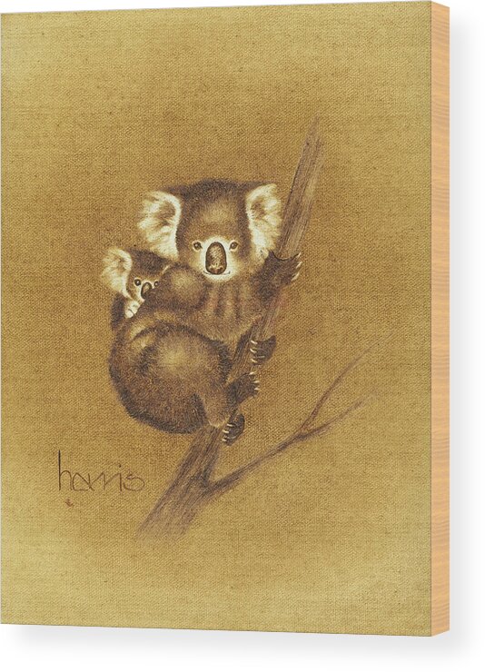 A Momma Koala With Her Baby On Her Back Climbing A Tree Wood Print featuring the painting The Outback by Peggy Harris