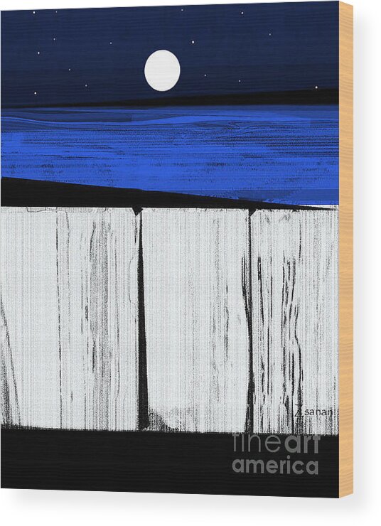 Sea Wall Wood Print featuring the mixed media The Seawalls No.4 Full Moon Rising by Zsanan Studio