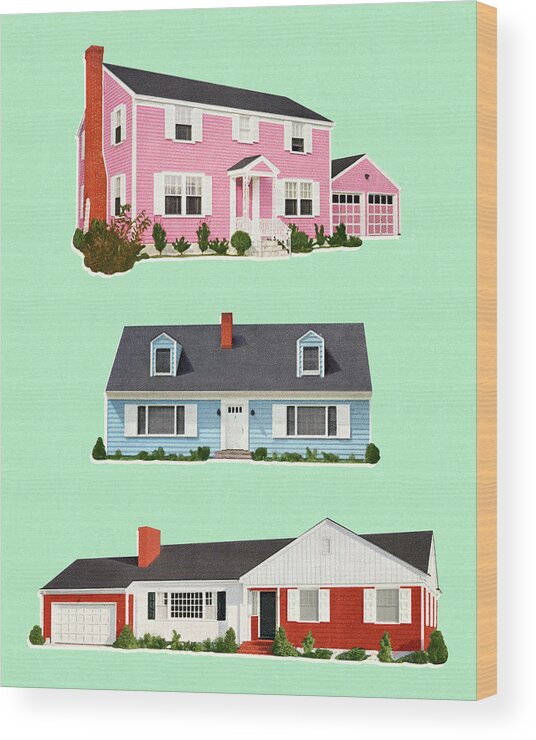 Architecture Wood Print featuring the drawing Three Houses by CSA Images