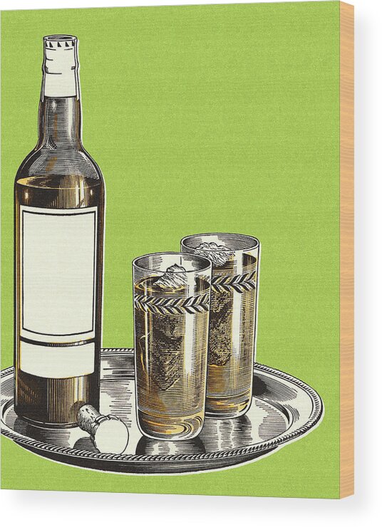 Alcohol Wood Print featuring the drawing Tray with Two Glasses and a Bottle of Liquor by CSA Images