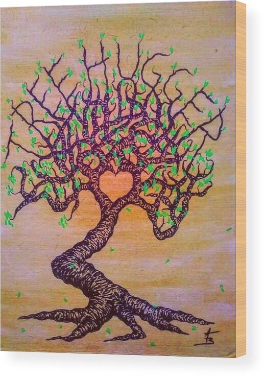 Trees Wood Print featuring the drawing Tree Hugger Love Tree w/ foliage by Aaron Bombalicki