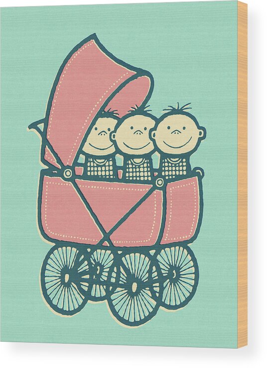 Baby Wood Print featuring the drawing Triplet Babies in Baby Buggy by CSA Images