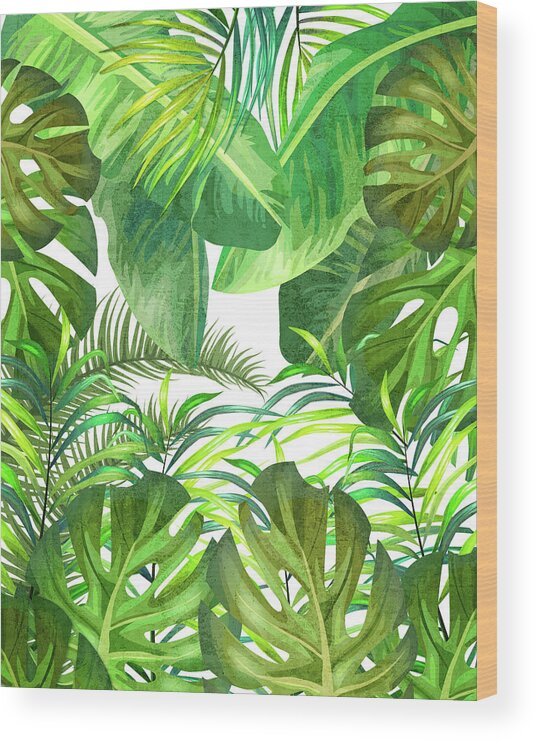 Tropical Wood Print featuring the mixed media Tropical Leaf Pattern 02- Banana, Palm Leaf, Monstera Leaf - Green, Freshness, Tropical, Botanical by Studio Grafiikka