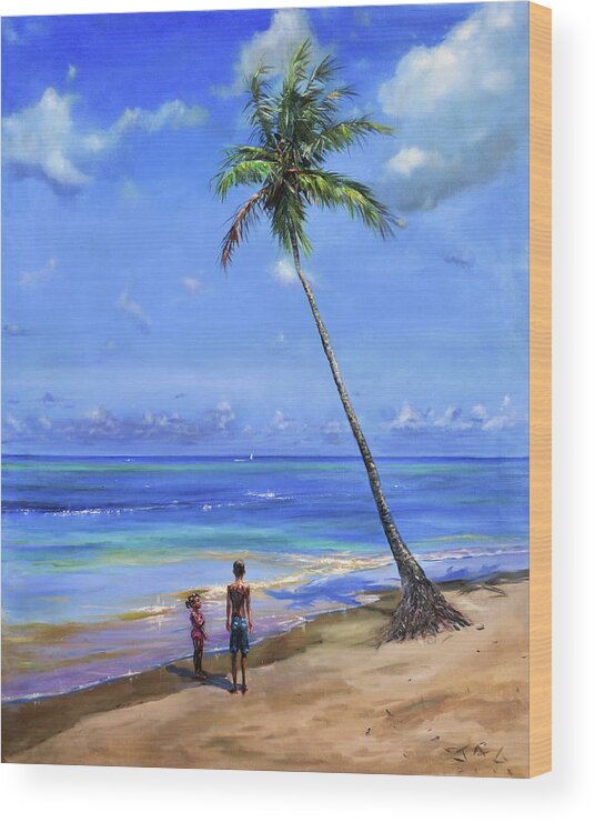 Caribbean Art Wood Print featuring the painting Two Children by Coconut Tree by Jonathan Gladding
