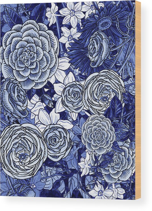 Ultramarine Wood Print featuring the painting Ultramarine Blue Watercolor Botanical Flowers Garden Pattern IV by Irina Sztukowski