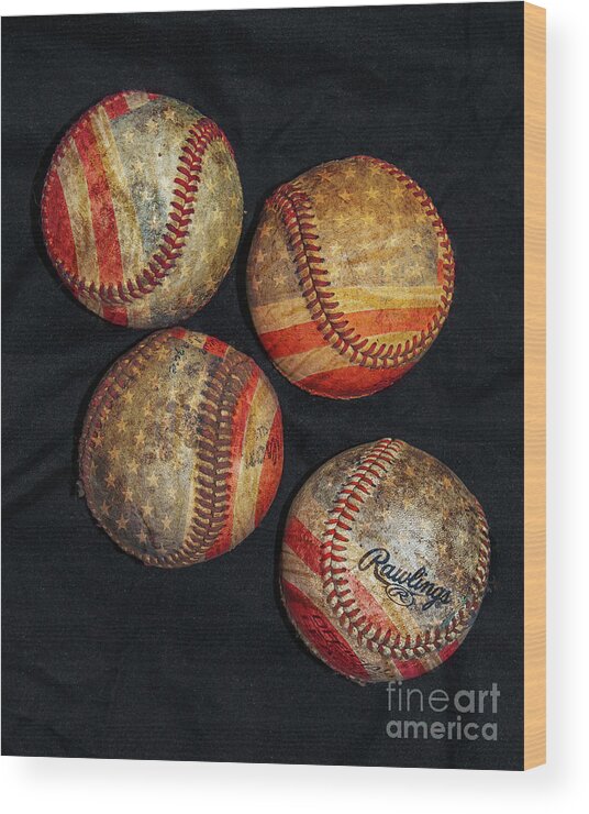 Us Flag Baseballs On Black Wood Print featuring the digital art US Flag Baseballs on Black by Randy Steele