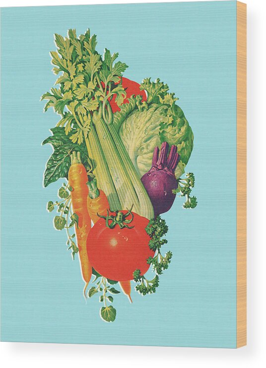 Blue Background Wood Print featuring the drawing Variety of Vegetables by CSA Images