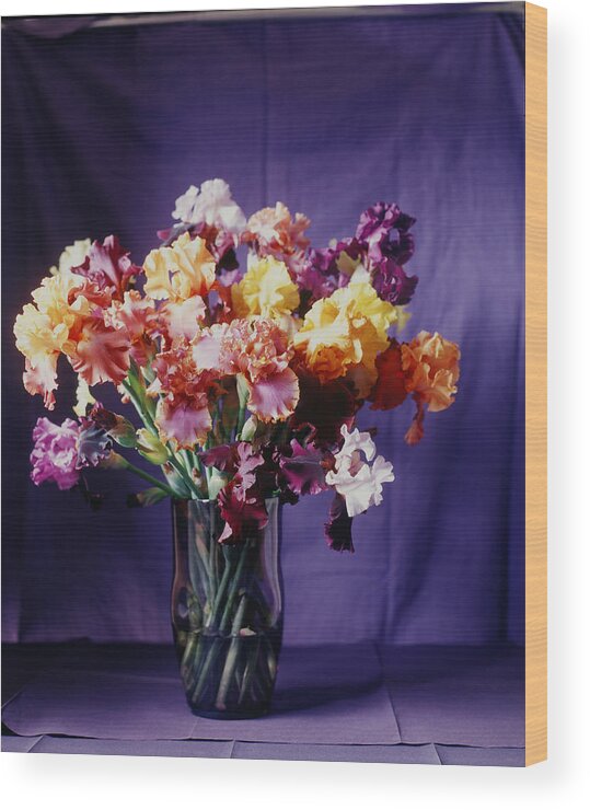 Vase Wood Print featuring the photograph Various Multi-colored Irises In A Vase by Victoria Pearson