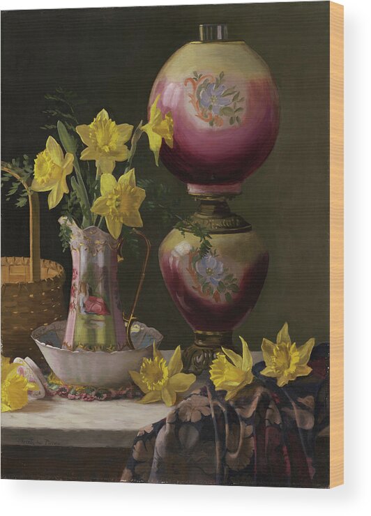 Daffodils Wood Print featuring the painting Victorian Lamp With Daffodils by Christopher Pierce