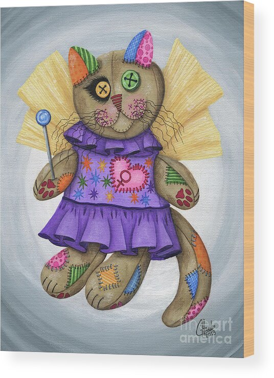 Cat Decor Wood Print featuring the painting Voodoo Empress Fairy Cat Doll - Patchwork Cat by Carrie Hawks
