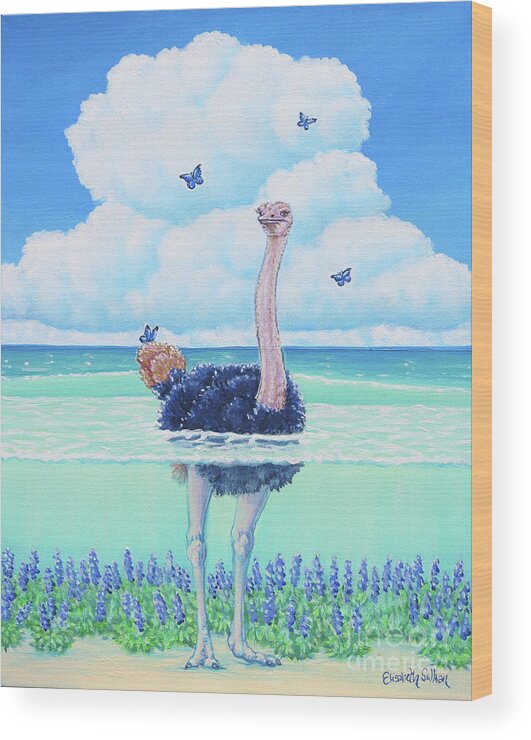 Ostrich Wood Print featuring the painting Wading Ostrich by Elisabeth Sullivan