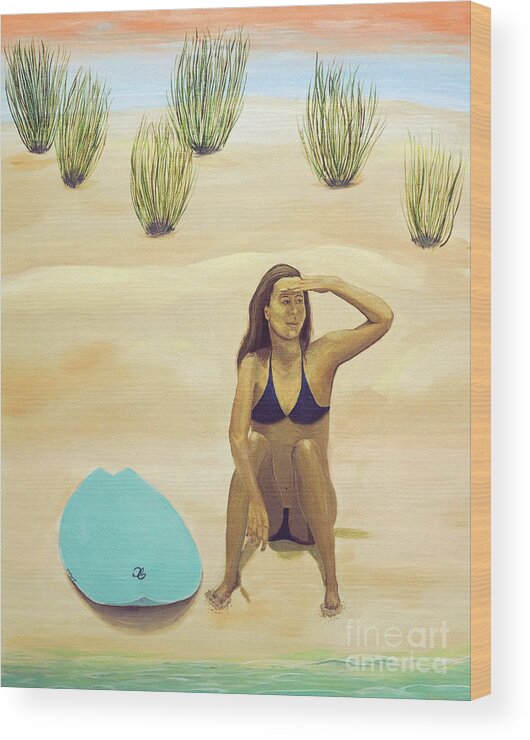 Surfer Girl Painting Wood Print featuring the painting Watching the Break by Jenn C Lindquist