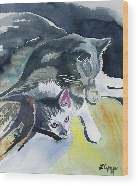 Cat Wood Print featuring the painting Watercolor - Cat Companions by Cascade Colors
