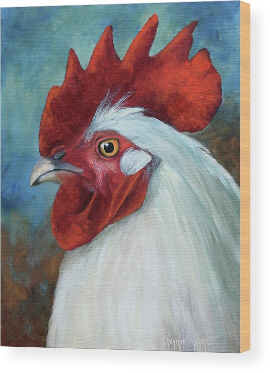 Rooster Wood Print featuring the painting White Rooster Portrait by Cheri Wollenberg