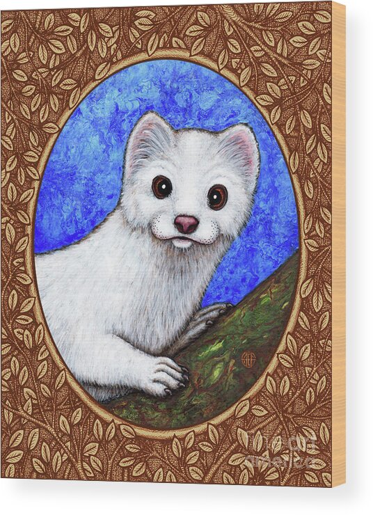 Animal Portrait Wood Print featuring the painting Winter Weasel Portrait - Brown Border by Amy E Fraser