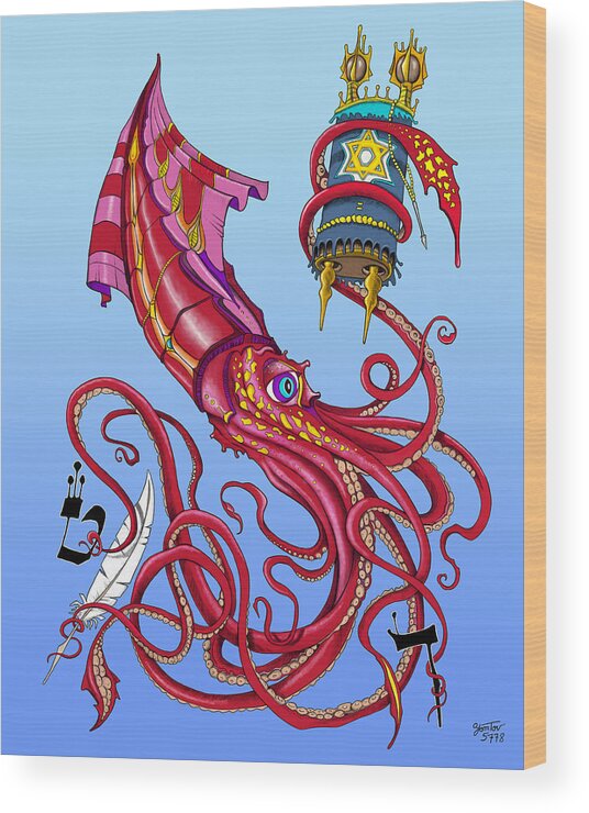 Squid Wood Print featuring the painting Wish To Be Kosher by Yom Tov Blumenthal