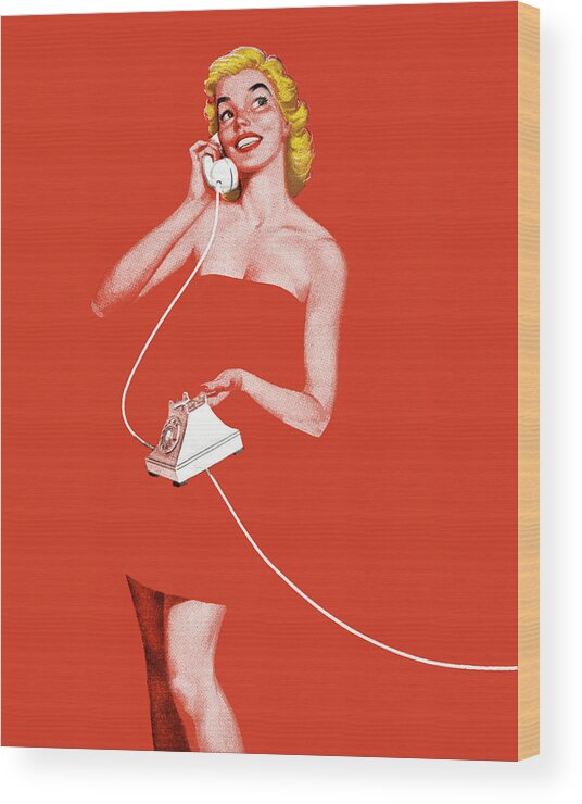 Adult Wood Print featuring the drawing Woman Wrapped in Towel Talking on Telephone by CSA Images