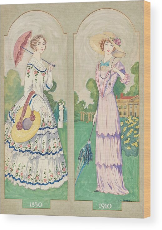 #new2022vogue Wood Print featuring the painting Women's Afternoon Gowns From 1850 Versus From 1910 by Helen Dryden