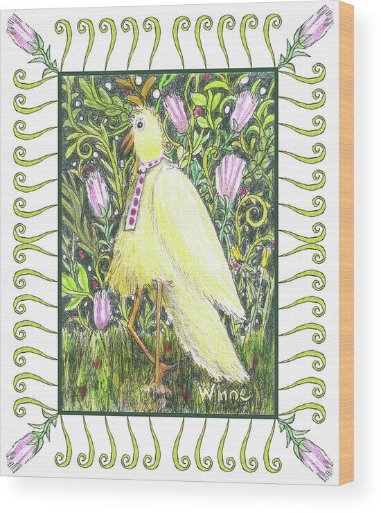 Lise Winne Wood Print featuring the mixed media Yellow Bird with Tie by Lise Winne