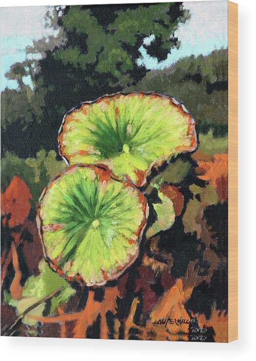 Lotus Leaves Wood Print featuring the painting Autumn Lotus Leaves by John Lautermilch