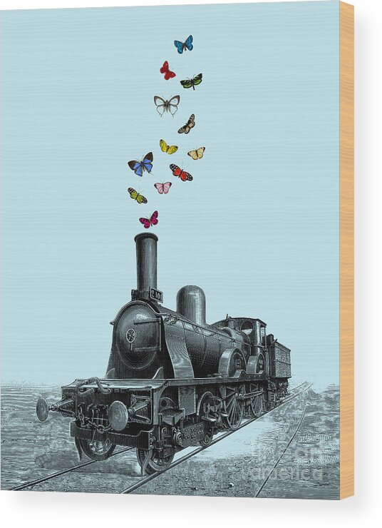 Steam Locomotive Wood Print featuring the digital art Butterfly Train #1 by Madame Memento