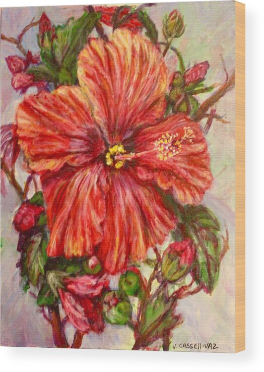 Flower Wood Print featuring the painting Hibiscus #1 by Veronica Cassell vaz