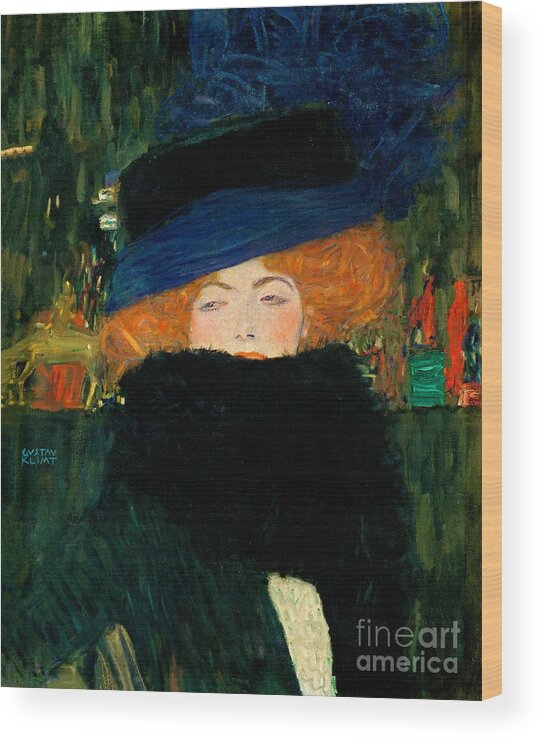 Landscape Wood Print featuring the painting Lady with Hat and Feather Boa #1 by Gustav Klimt