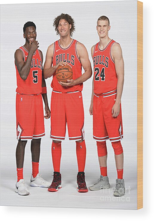 Bobby Portis Wood Print featuring the photograph Lauri Markkanen, Bobby Portis, and Robin Lopez by Randy Belice