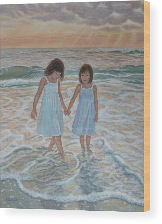 Two Sisters Wade At Waters Edge At Sunset. Wood Print featuring the painting Twice Blessed by Holly Kallie