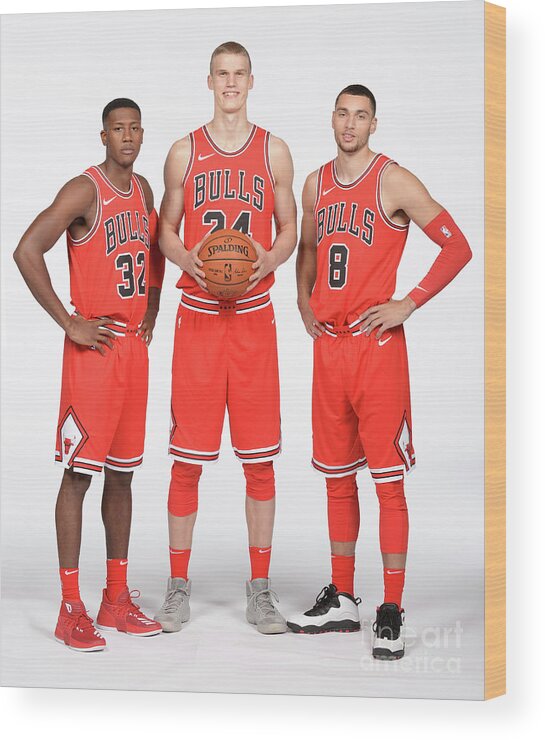 Media Day Wood Print featuring the photograph Zach Lavine, Kris Dunn, and Lauri Markkanen by Randy Belice