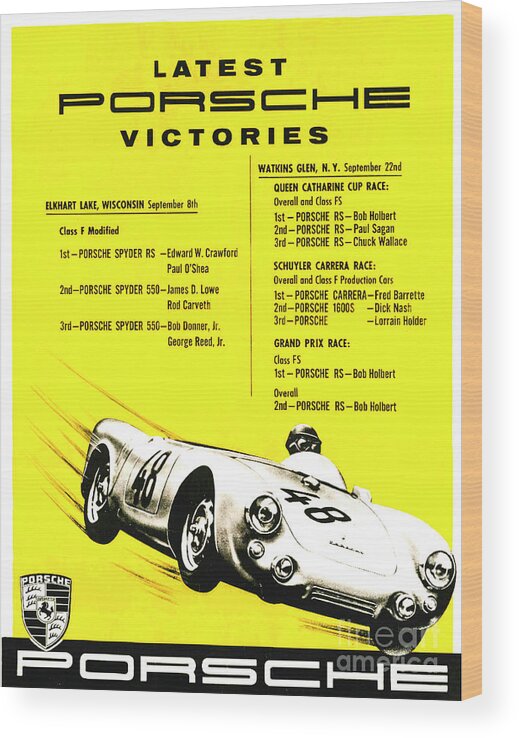 Porsche Wood Print featuring the painting 1956 LATEST PORSCHE VICTORIES-ELKHART LAKE, WATKINS GLEN Porsche of America, Showroom Poster by Vladyslav Shapovalenko