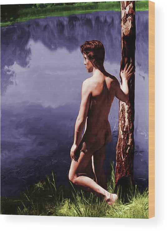 Raymond Voinquel Wood Print featuring the painting Nude Looking out over a Lake #2 by Raymond Voinquel