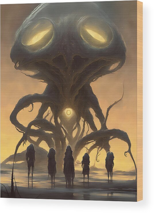 Tim Burton Style Alien Atmospheric Strange Creatures The Calling Wood Print featuring the digital art The Calling #2 by Tricky Woo