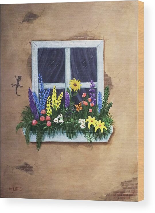 Flowers Wood Print featuring the painting A Lizard's Hideaway by Marlene Little