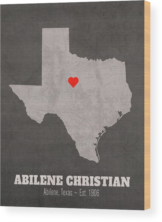 Abilene Christian University Wood Print featuring the mixed media Abilene Christian University Abilene Texas Founded Date Heart Map by Design Turnpike